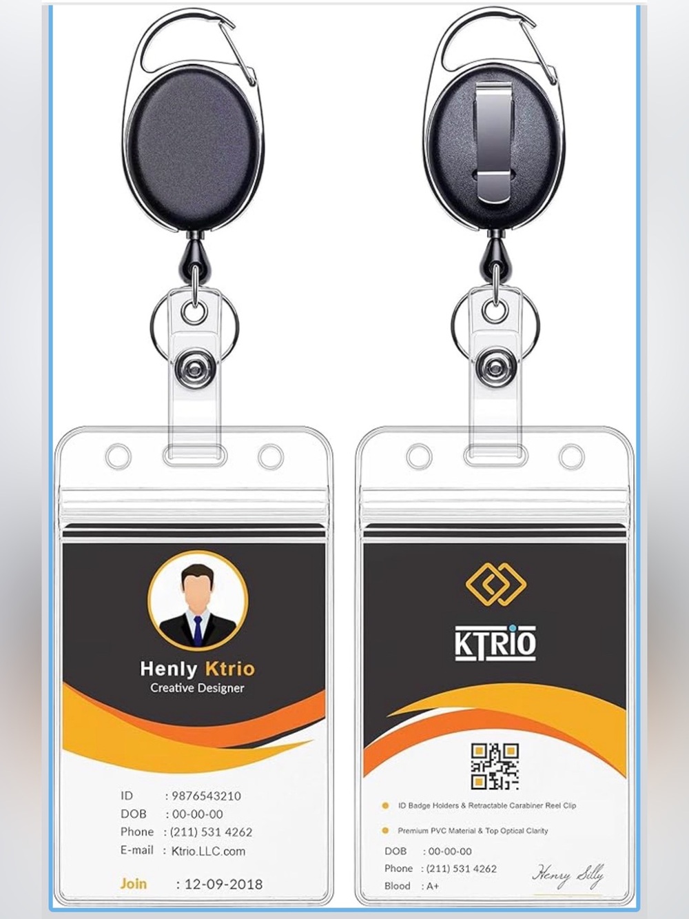 KTRIO ID Badge Holder with Retractable Reel - Black & Orange